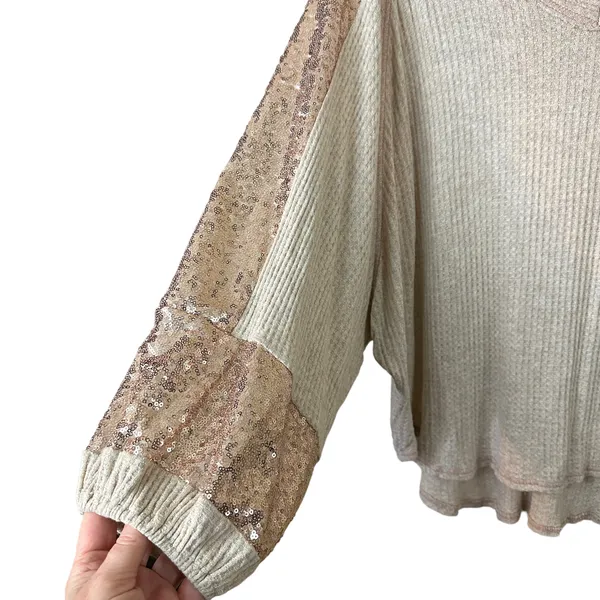 Hummingbird Waffle Design Sequined Dolman Sleeve Top - Image 5
