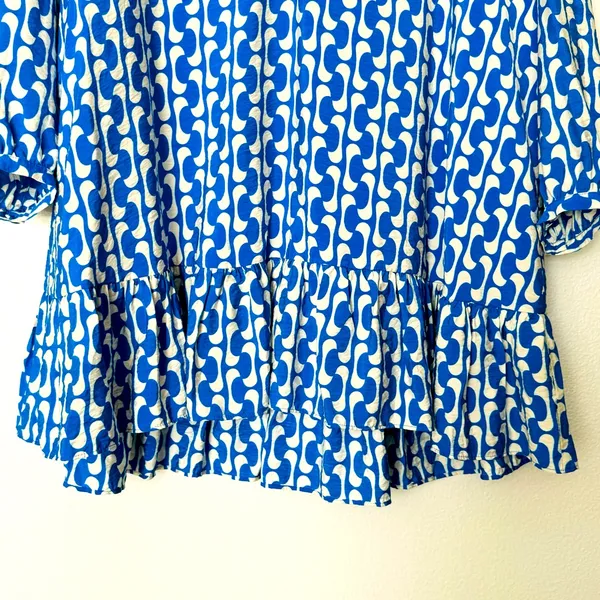 Zara Paula Blue/White Geometric Long Sleeve Mini Swing Dress Size Medium - Image 6