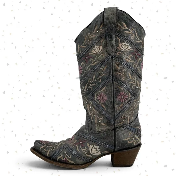 Corral Western Cowboy Boots Gray Floral Gems Embroidered Country Concert Size 9 - Image 3