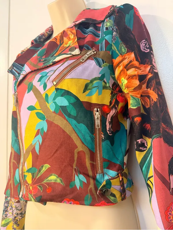 RIVIR Cropped Moto Jacket Size S NWT Tropical Jungle Print Zip - Image 5