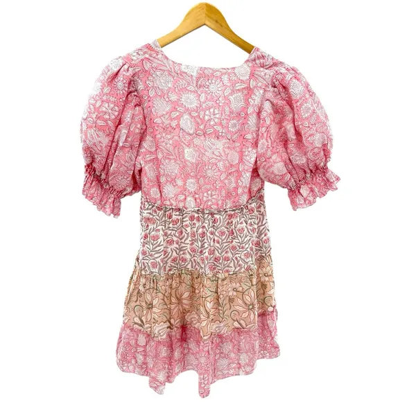 Saylor Leigha Mini Dress S Pink Patchwork Puff‎ Sleeve Tiered Boho Cottagecore - Image 5
