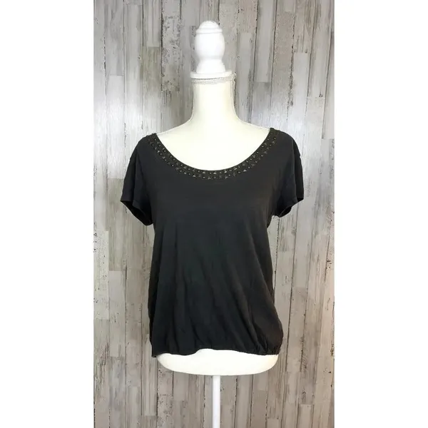 American Eagle‎ Women's Medium Dark Gray Scoop Neck Studded Short Sleeve Top - Image 2