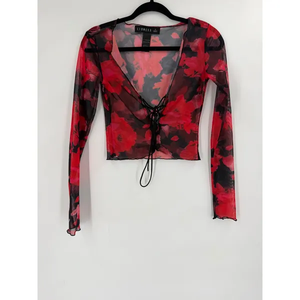 Lioness Mesh Top Women S Red Black Floral Lace Up Grunge Goth‎ Y2K Romantic - Image 3