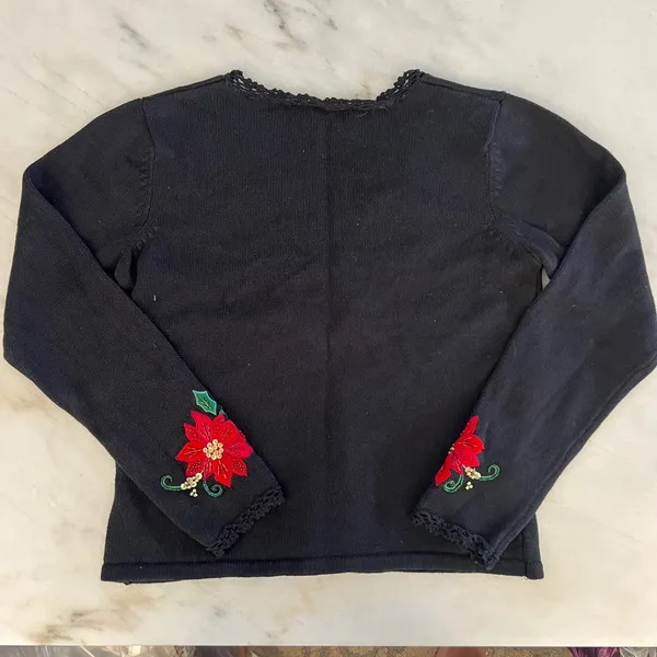 Black Poinsettia Embroidered‎ Long Sleeve V Neck Ugly Christmas Sweater Women - Image 7