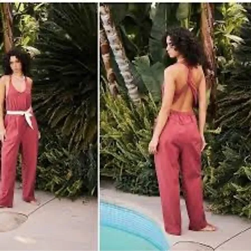 Free People Beach Burnt Henna Cotton‎ Angel Open Back Wide Leg Jumpsuit XS New - Image 2