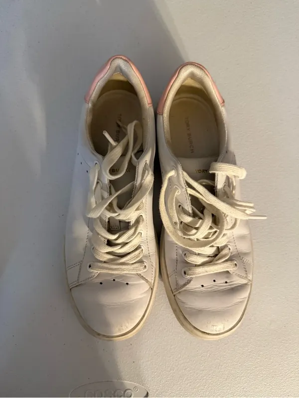 Tory Burch Howell Court Sneaker White Leather w/ Pink lace up Shoes Size 7 - Image 2