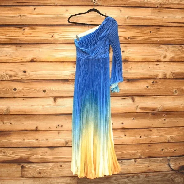 MAC DUGGAL 49903 Blue Ombre Pleated Charmeuse One-Shoulder Gown Dress 4 Flaws - Image 7