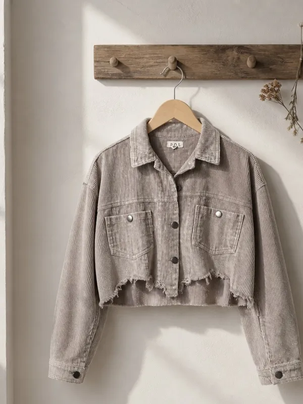 POL Cropped Corduroy Jacket in Taupe - Image 3