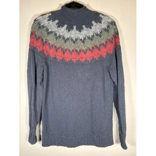 L.L. Bean Fair Isle Sweater Large Blue Cotton Mock‎ Neck Nordic Cottagecore - Image 4