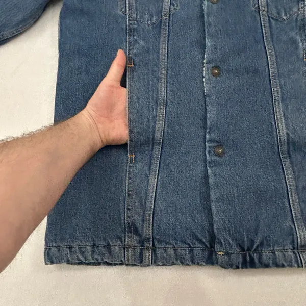 Levi’s Premium Blue Denim Sherpa Snap Button Long Trucker Jean Jacket Unisex S - Image 3