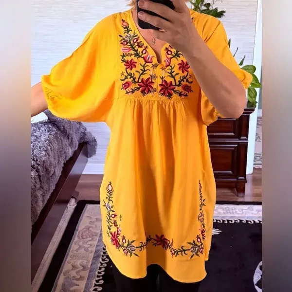 Yellow Embroidered Boho Tunic Mini Dress Floral Loose Fit M - Image 5