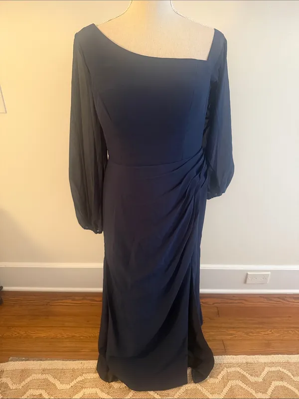 NEW JJ's House Lani Dark Navy Trumpet/Mermaid One Shoulder Chiffon Gown Sz 8 - Image 4