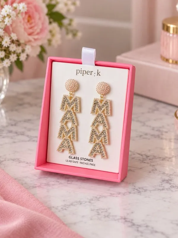 Piper K MAMA Statement Earrings Glass Stones Gold Tone 3” NWT - Image 2