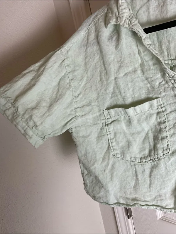 Zara Linen Crop Short Sleeve Button Down Blouse Mint Green Large Boho - Image 5