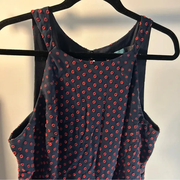 Eva Franco Womens 14‎ Polka Dot Ruffle Fit & Flare Dress Navy Red Keyhole Back - Image 3