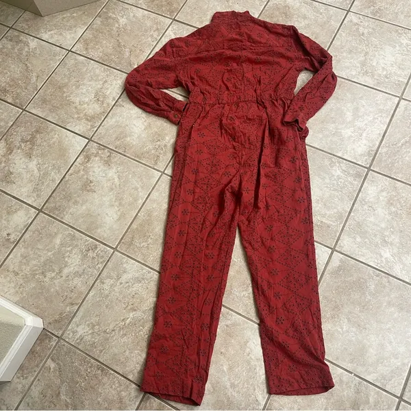 Free People Set The Tone Eyelet Long Sleeve Jumpsuit Terracotta Red Women's Sz 4 - Image 14
