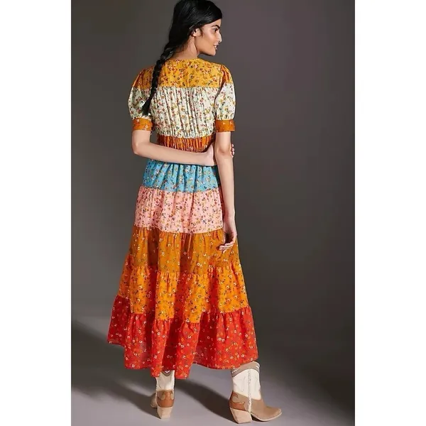 Anthropologie NWT Tiered True Dress Small Patchwork Colorblock Floral‎ Midi Boho - Image 2