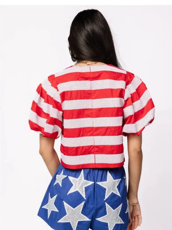 QUEEN OF SPARKLES Red & White Striped Tie-Front Puff Sleeve Crop Top - Image 2