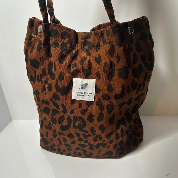 Leopard Print Corduroy Tote‎ Bag Brown Black Animal Pattern Snap Closure Lined - Image 12