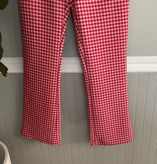 Zara NWT Red Pink Gingham Flare Cropped Pants - Image 7