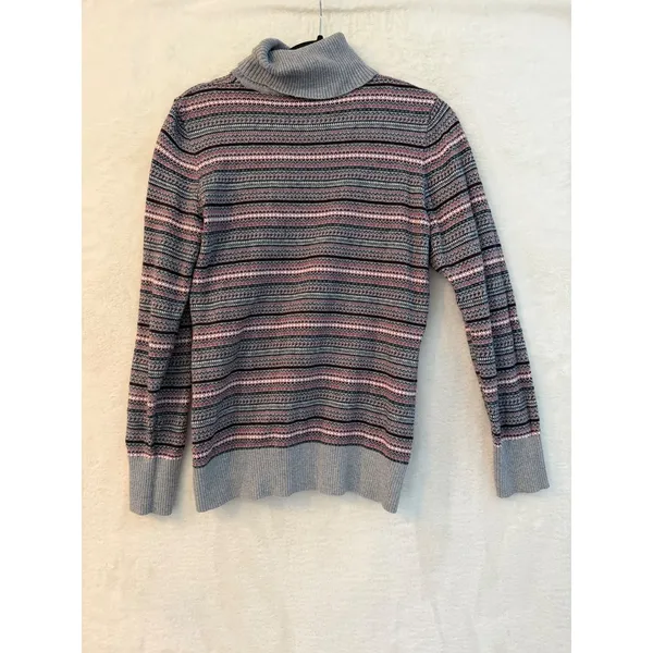 LL Bean Turtleneck Sweater Womens Medium Cotton Cashmere Fair Isle Stripe Grey - Image 4