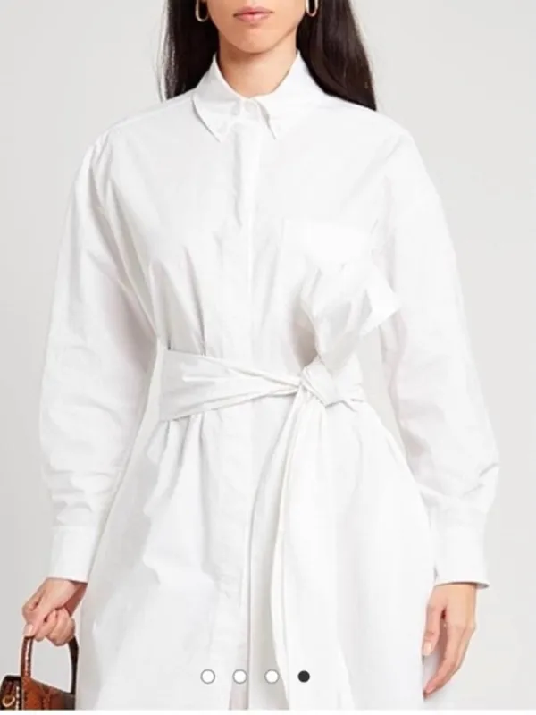 White Poplin Tie Waist Shirt Dress Long Sleeve Mini Dress - Image 5