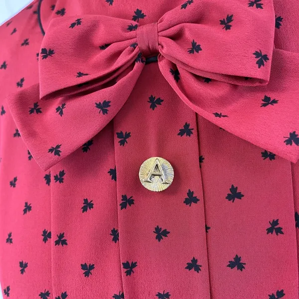 Vintage Adolfo‎ Saks Fifth Avenue Dress Maple Leaf Print Bow Secretary Mod S/M - Image 6