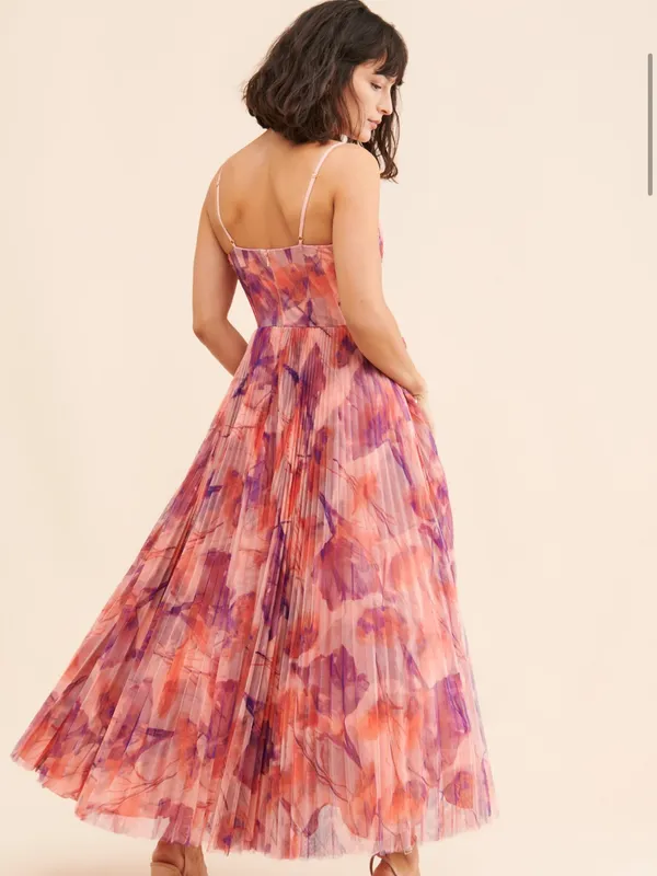 Hutch Floral Pleated Tulle Sweetheart Maxi Dress in Pink and Purple - Image 2