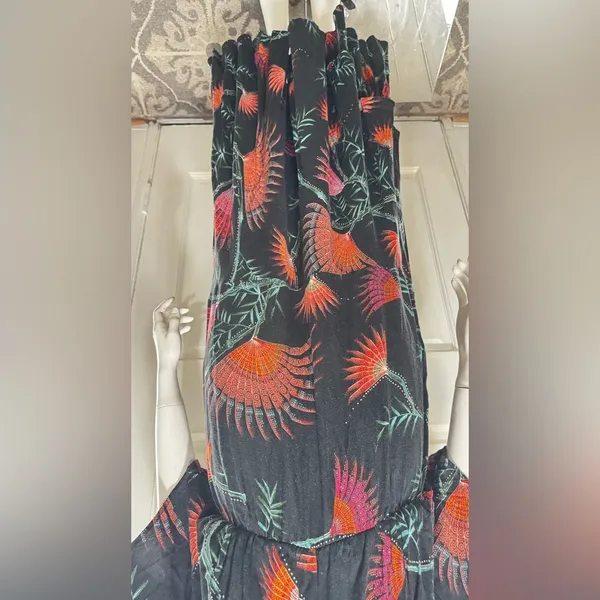 Farm Rio Anthropologie Valentina Black Maxi Orange Tropical Floral Print Sz S - Image 9