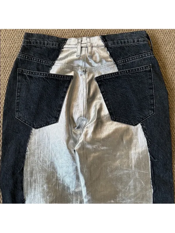 NWT FRAME Pieced Metallic Silver Black Straight Leg Jeans Size 26 Retail $448 - Image 14