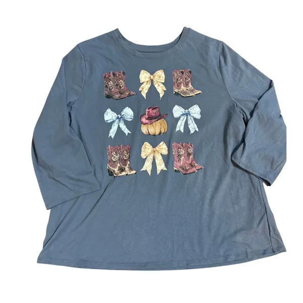 Cato Adorable Cowgirl‎ Coquette Western Pumpkin Country Casual Blue Tee Shirt sz L - Image 2