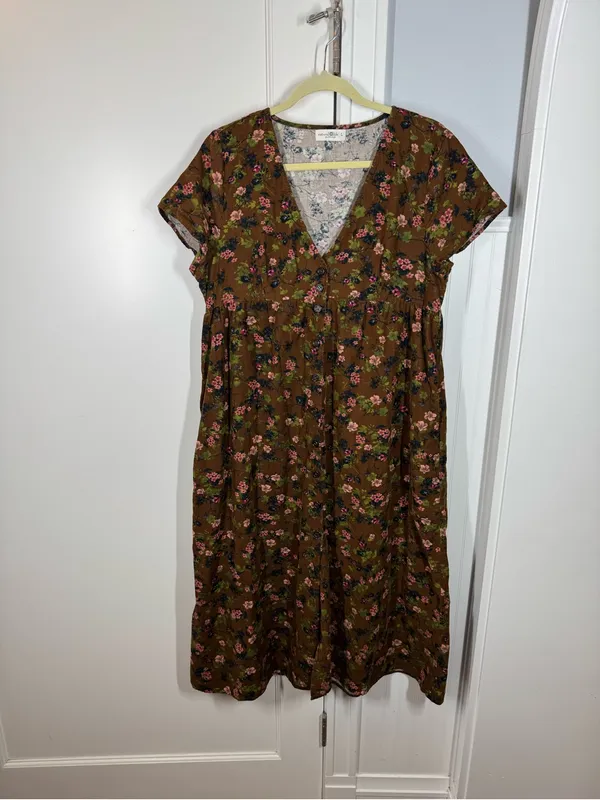 Natural Life Avery Corduroy Floral Midi Dress Brown EarthyTones Size Large - Image 2