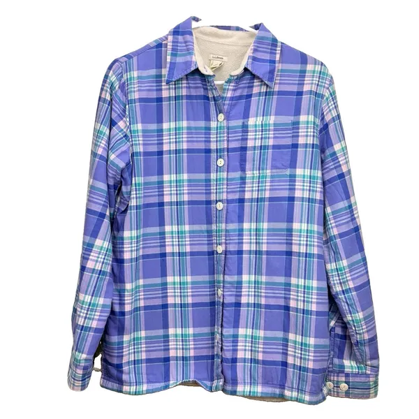 LL Bean Blue Plaid Fleece Lined Flannel Button Up Shirt Jacket Shacket Size XS - Image 2