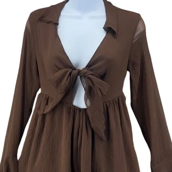 Urban Outfitters Mini Drress S Brown Tie Front Long Bell Sleeve‎ Boho Y2K Fairy - Image 4