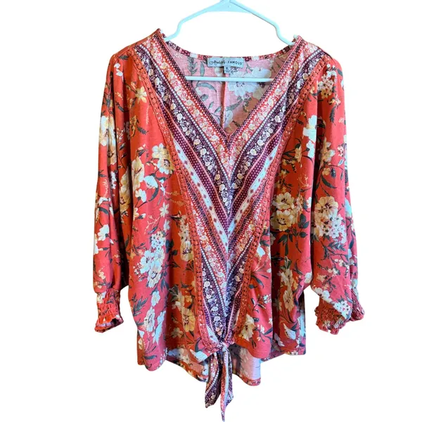 Absolutely Famous XL Orange Floral V-Neck Tie Front Boho Top Dolman Sleeve Soft - Image 2