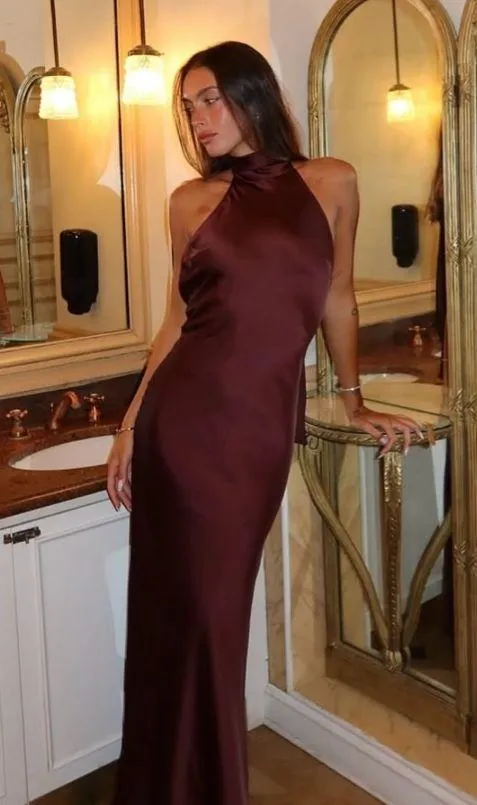 Zara maxi halter scarf satin Elegant Burgundy Brown Evening Wedding Dress - Image 4