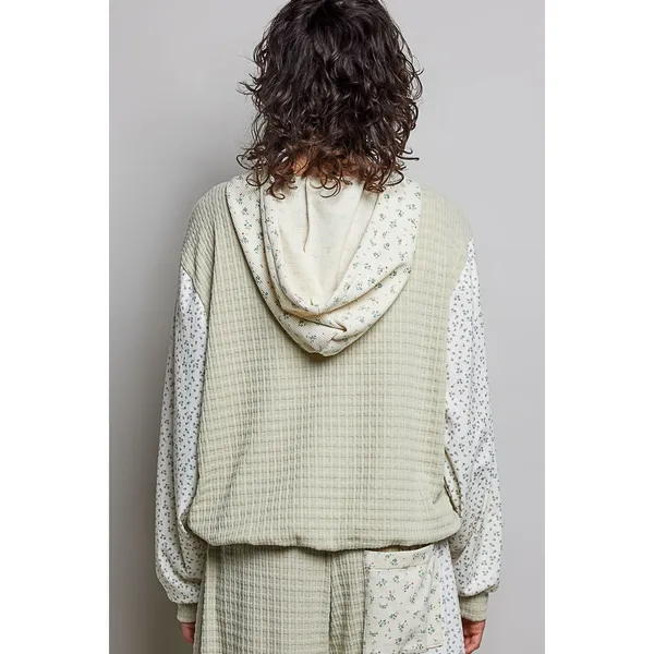 POL Mixed Knit Contrast Print Sleeve Hoodie with Kangaroo Pocket - Sage - Medium - Image 3