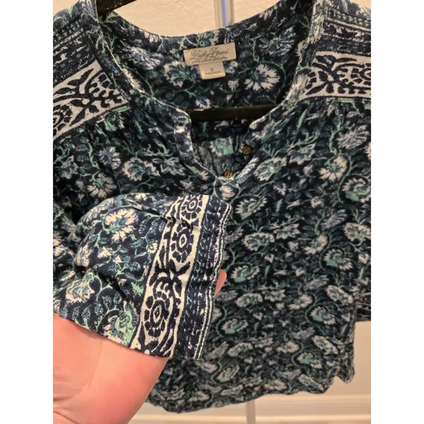 ​Lucky Brand Small Floral Paisley Henley 3/4 Sleeve Women Blue Cotton Knit Top - Image 3