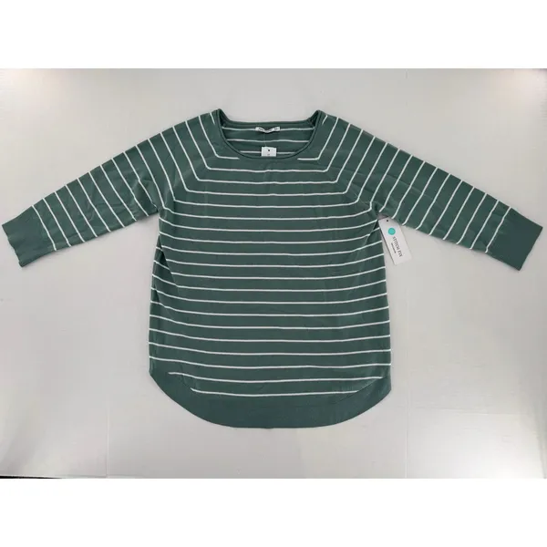 Pink Clover Sweater Sz L Green Striped Lightweight Knit Curved Hem Layering Fall - Image 2