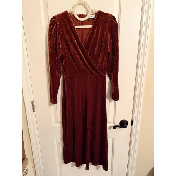 Closet London Rust Velvet Midi Dress‎ Long Sleeve Faux Wrap Size 8 - Image 2