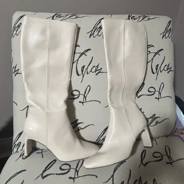 Alfani Womens Tristanne Faux Leather Tall Knee-High Boots Ivory 10M Bone Smooth - Image 3