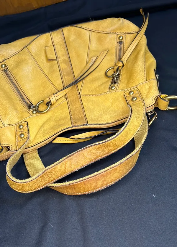 Fossil Mustard Yellow Double Strap Distressed Leather Satchel Purse - Image 3