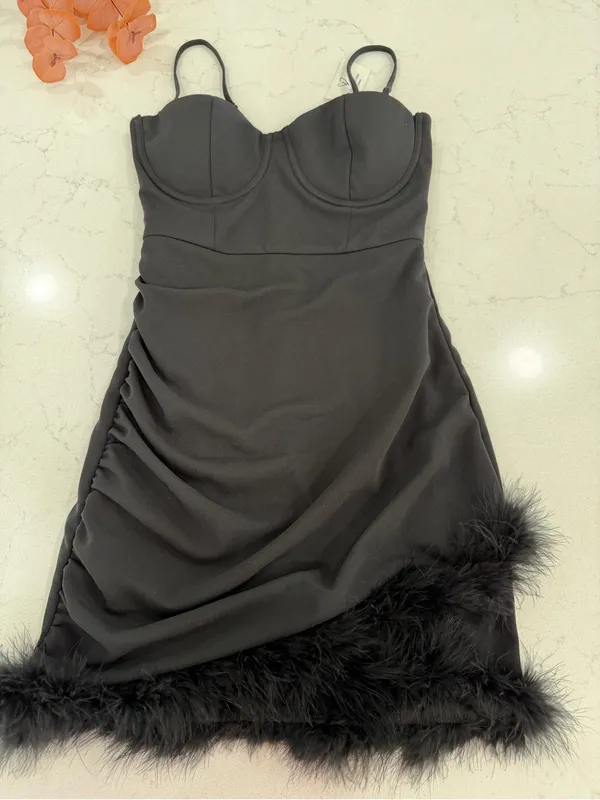 Windsor Black Feather-Trim Spaghetti Strap Slip Dress - Image 3