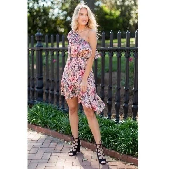 MINKPINK Womens Pink Floral One Shoulder Asymmetric Ruffle Mini Dress‎ Size S - Image 2