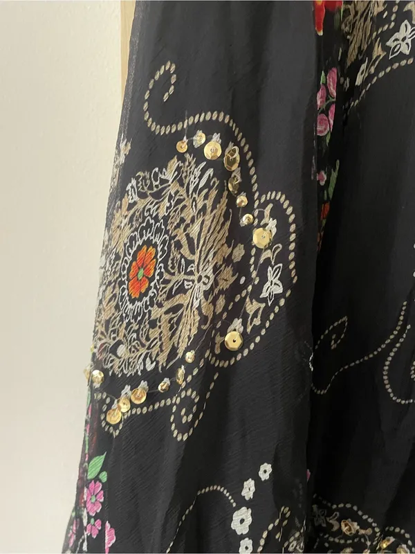 WD NY Vintage 90s 100% Silk Paisley Sequin Coin Handkerchief Midi Skirt US 10 - Image 5