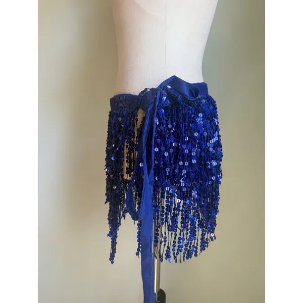 Blue Sequin Fringe Hip Scarf Wrap BellyDance fairy Festival Rave Mini‎ Skirt y2k - Image 3