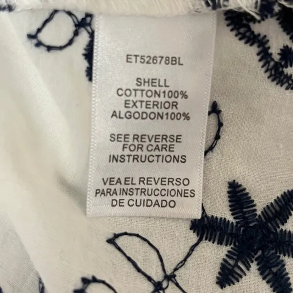 EN CRÈME Blouse‎ Women Medium White Navy Blue Embroidered Crochet Hem V-Neck - Image 11