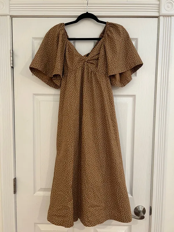 Abercrombie & Fitch Brown Polka Dot Midi Dress with Puff Sleeves - Image 2
