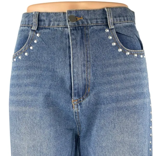Women's Blue Studded Medium Wash High Waist Flared Bootcut Denim Jeans Pants 28 - Image 4