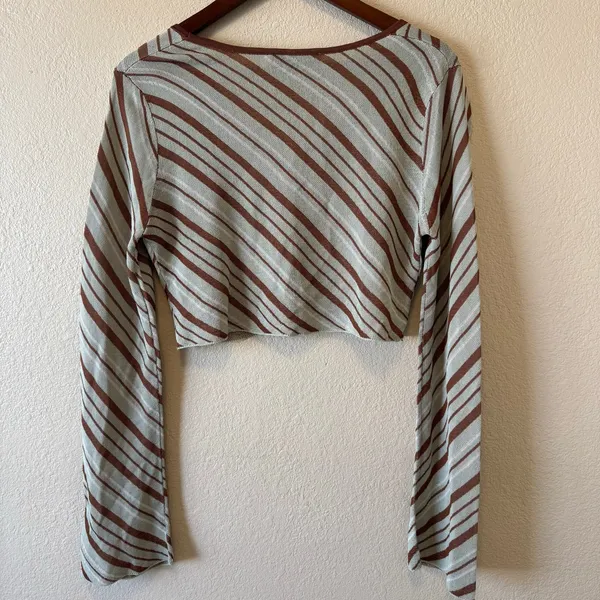 Zara Brown Cream Striped Cropped Long Sleeve Knit Top Size M - Image 3